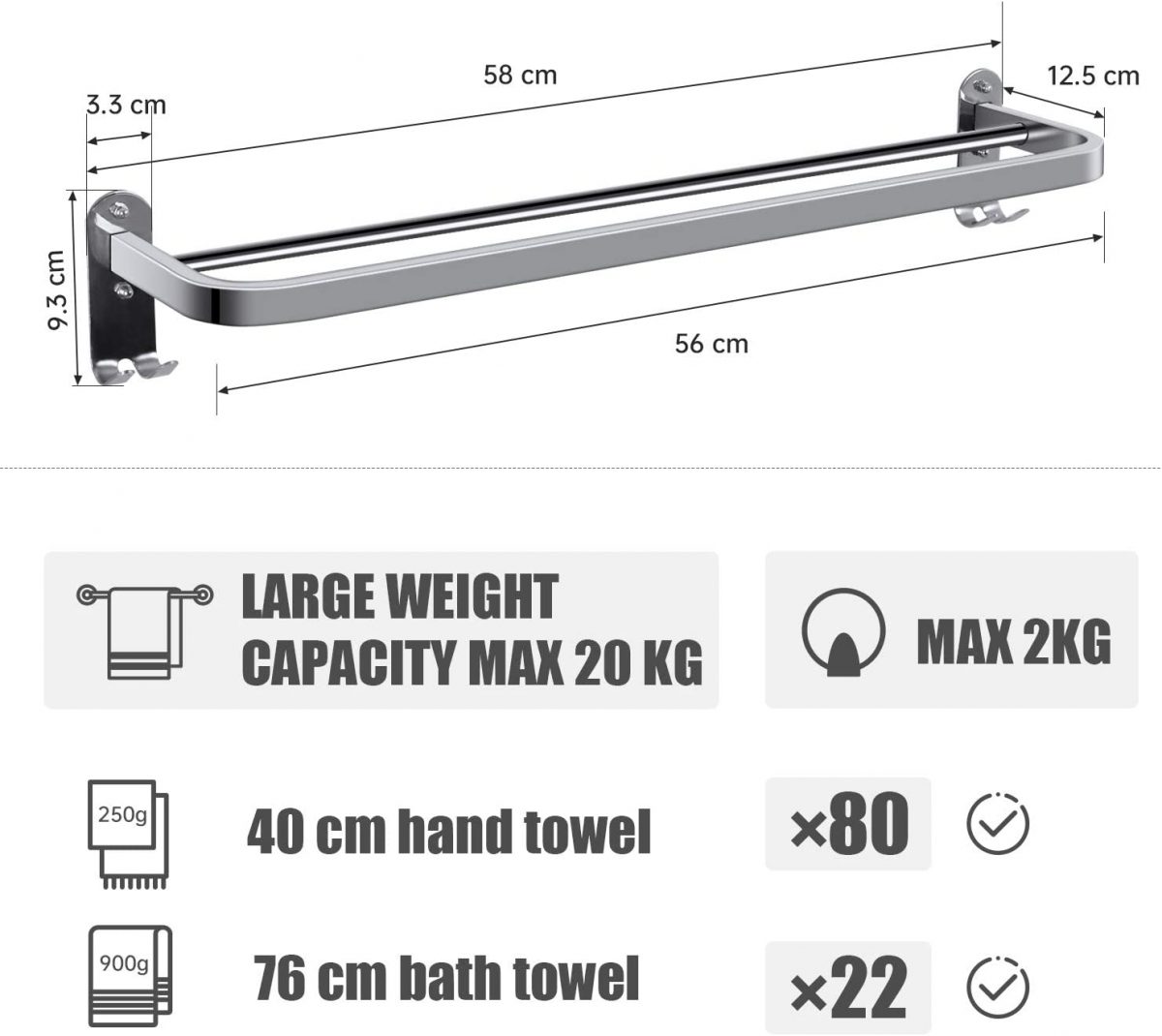 Seinale kinnitatav käterätikuivati ​​58 cm - Pilt 2